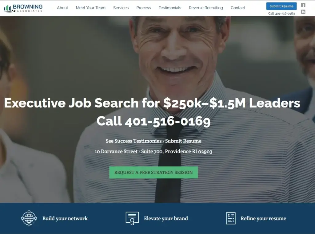 image showing the executive job search reviews and testimonials site cover page.