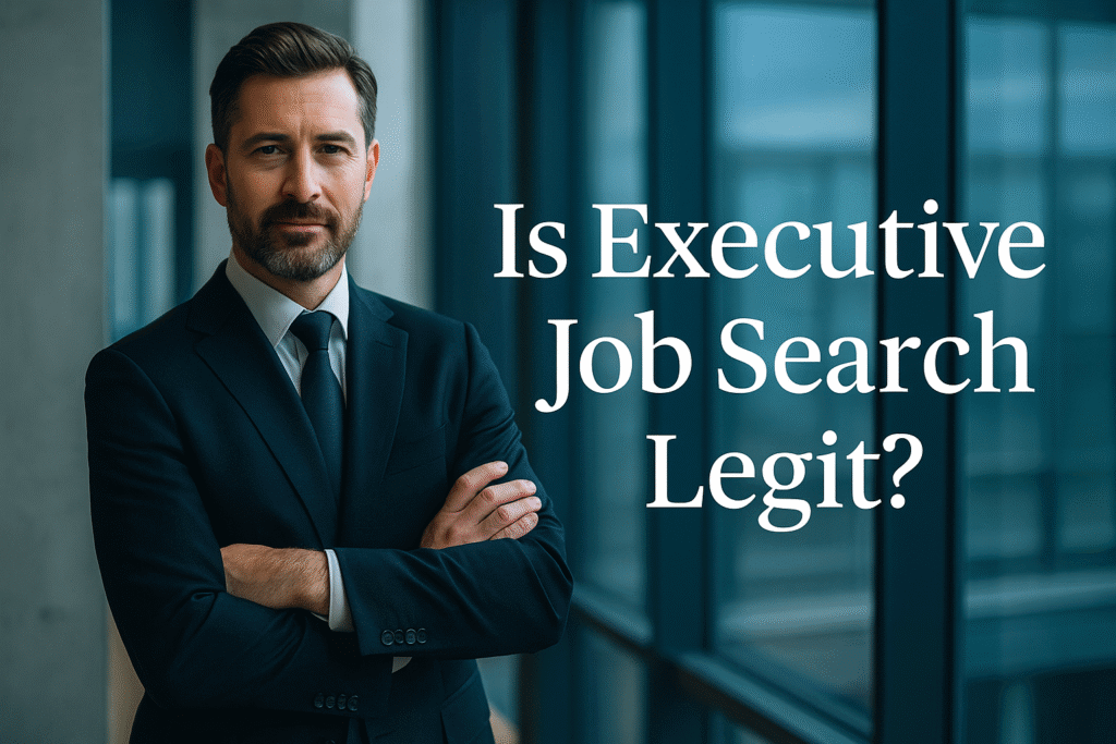this image showes the question is executive job search legit. It has a man in suite in hallway.