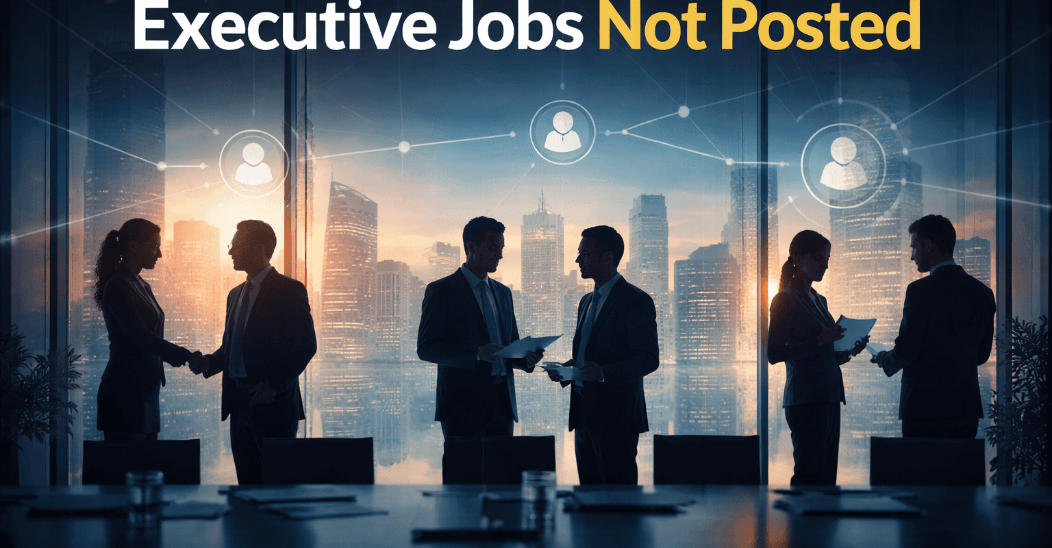 Executive jobs not posted illustration showing senior leadership roles filled through confidential searches, referrals, and private networks